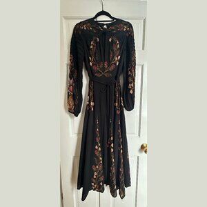 Farm Rio Black Berry Garden Long Sleeve Pleated Maxi Dress